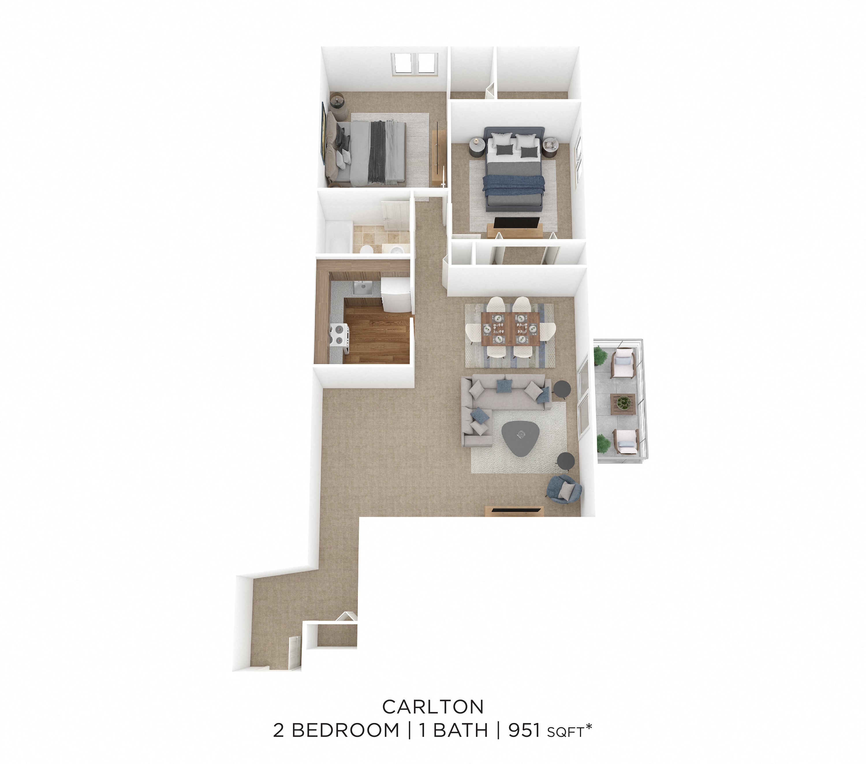Floor plan for 2 beds, 1 bath, 951 sqft